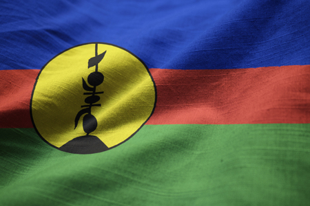 Closeup of Ruffled New Caledonia Flag, New Caledonia Flag Blowing in Windの写真素材