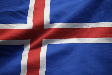 Closeup of Ruffled Iceland Flag, Iceland Flag Blowing in Windの写真素材