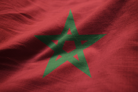 Closeup of Ruffled Morocco Flag, Morocco Flag Blowing in Windの写真素材
