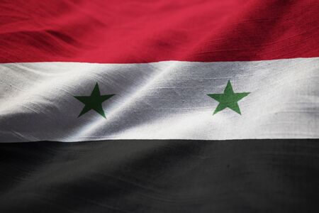 Closeup of Ruffled Syria Flag, Syria Flag Blowing in Windの写真素材