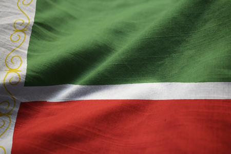 Closeup of Ruffled Chechen Republic Flag, Chechen Republic Flag Blowing in Windの写真素材