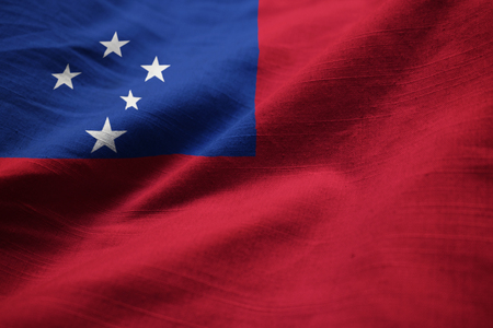 Closeup of Ruffled Samoa Flag, Samoa Flag Blowing in Windの写真素材