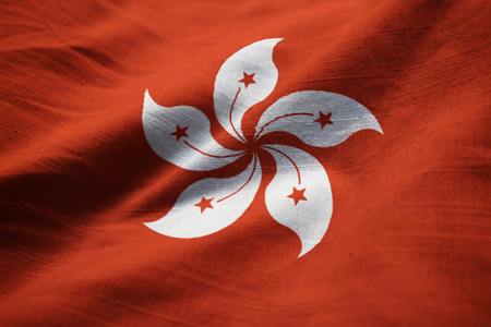Closeup of Ruffled Hong Kong Flag, Hong Kong Flag Blowing in Windの写真素材