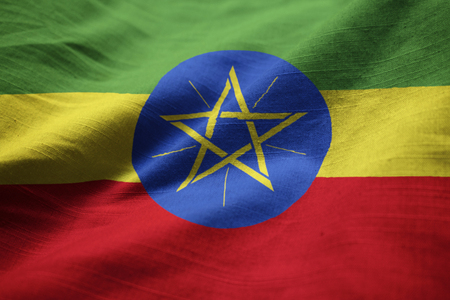 Closeup of Ruffled Ethiopia Flag, Ethiopia Flag Blowing in Windの写真素材