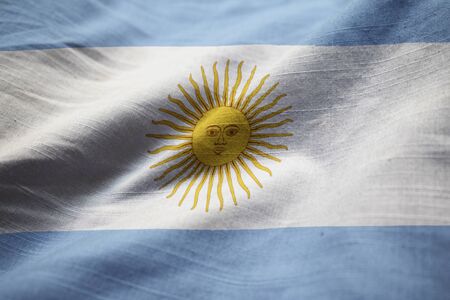 Closeup of Ruffled Argentina Flag, ArgentinaFlag Blowing in Windの写真素材