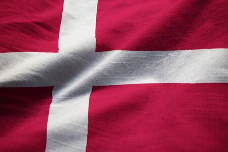 Closeup of Ruffled Denmark Flag, Denmark Flag Blowing in Windの写真素材