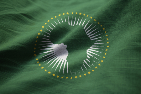 Closeup of Ruffled African Union Flag, African Union Flag Blowing in Windの写真素材