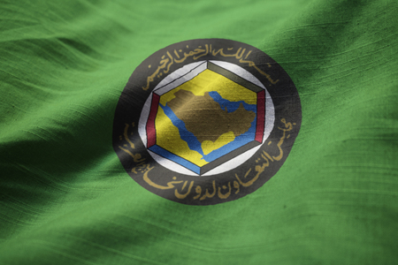 Closeup of Ruffled Gulf Cooperation Council Flag, GCC Flag Blowing in Windの写真素材