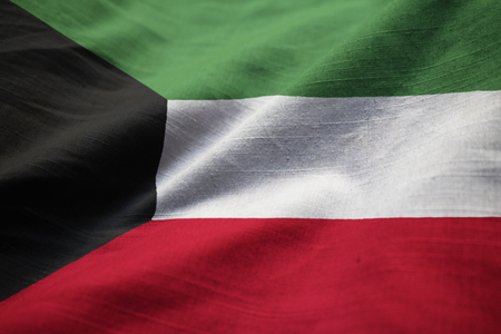 Closeup of Ruffled Kuwait Flag, Kuwait Flag Blowing in Windの写真素材