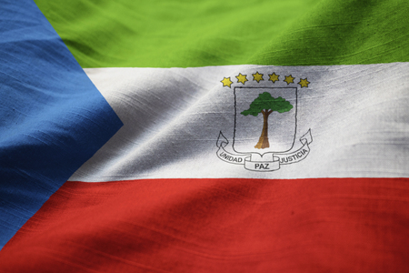 Closeup of Ruffled Equatorial Guinea Flag, Equatorial Guinea Flag Blowing in Windの写真素材