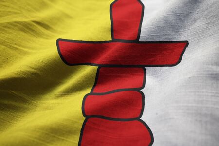 Closeup of Ruffled Nunavut Flag, Nunavut Flag Blowing in Windの写真素材