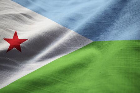 Closeup of Ruffled Djibouti Flag, Djibouti Flag Blowing in Windの写真素材