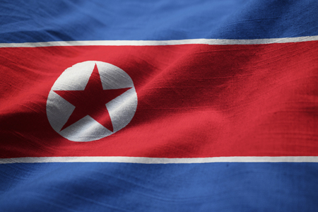 Closeup of Ruffled North Korea Flag, North Korea Flag Blowing in Windの写真素材