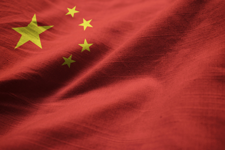 Closeup of Ruffled China Flag, China Flag Blowing in Windの写真素材