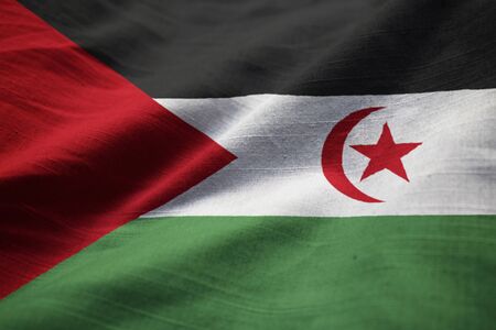 Closeup of Ruffled Sahrawi Arab Democratic Republic Flag, Sahrawi Arab Democratic Republic Flag Blowing in Windの写真素材