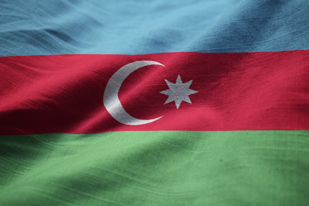 Closeup of Ruffled Azerbaijan Flag, Azerbaijan Flag Blowing in Windの写真素材