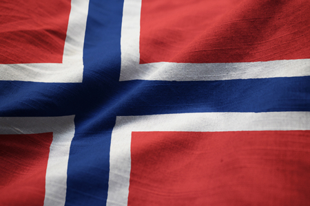 Closeup of Ruffled Norway Flag, Norway Flag Blowing in Windの写真素材
