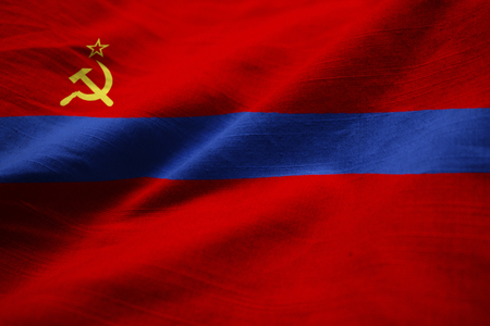 Closeup of Ruffled Armenian SSR Flag, Armenian SSR Flag Blowing in Windの写真素材