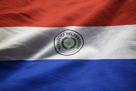 Closeup of Ruffled Paraguay Flag, Paraguay Flag Blowing in Windの写真素材