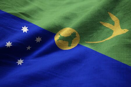Closeup of Ruffled Christmas Island Flag, Christmas Island Flag Blowing in Windの写真素材