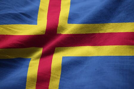 Closeup of Ruffled Aland Flag, Aland Flag Blowing in Windの写真素材