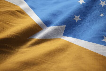 Closeup of Ruffled Terra Del Fuego Flag, Terra Del Fuego Flag Blowing in Windの写真素材
