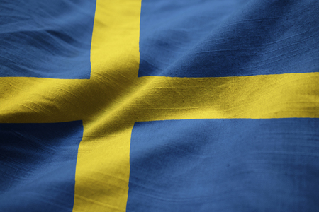 Closeup of Ruffled Sweden Flag, Sweden Flag Blowing in Windの写真素材