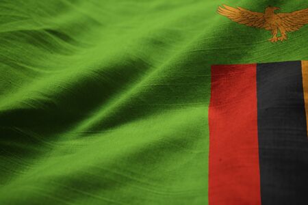 Closeup of Ruffled Zambia Flag, Zambia Flag Blowing in Windの写真素材