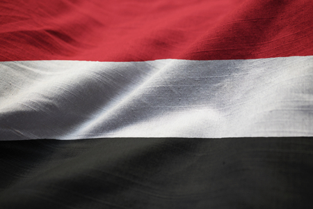 Closeup of Ruffled Yemen Flag, Yemen Flag Blowing in Windの写真素材