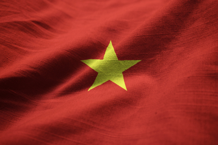 Closeup of Ruffled Vietnam Flag, Vietnam Flag Blowing in Windの写真素材