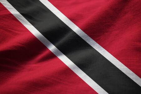 Closeup of Ruffled Trinidad and Tobago Flag, Trinidad and Tobago Flag Blowing in Windの写真素材