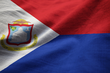 Closeup of Ruffled Sint Maarten Flag, Sint Maarten Flag Blowing in Windの写真素材