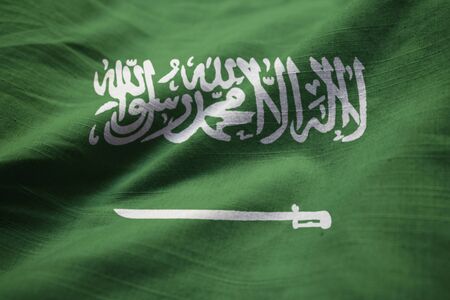 Closeup of Ruffled Saudi Arabia Flag, Saudi Arabia Flag Blowing in Windの写真素材