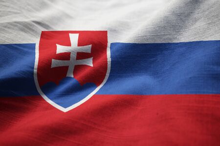 Closeup of Ruffled Slovakia Flag, Slovakia Flag Blowing in Windの写真素材