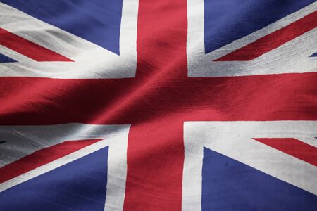 Closeup of Ruffled United Kingdom Flag, United Kingdom Flag Blowing in Windの写真素材