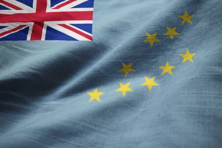 Closeup of Ruffled Tuvalu Flag, Tuvalu Flag Blowing in Windの写真素材