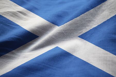 Closeup of Ruffled Scotland Flag, Scotland Flag Blowing in Windの写真素材