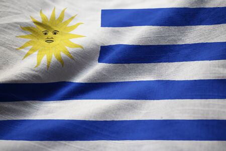 Closeup of Ruffled Uruguay Flag, Uruguay Flag Blowing in Windの写真素材