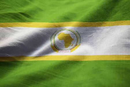 Closeup of Ruffled The African Union Flag, The African Union Flag Blowing in Windの写真素材