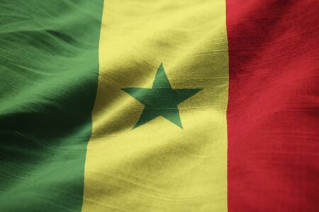 Closeup of Ruffled Senegal Flag, Senegal Flag Blowing in Windの写真素材