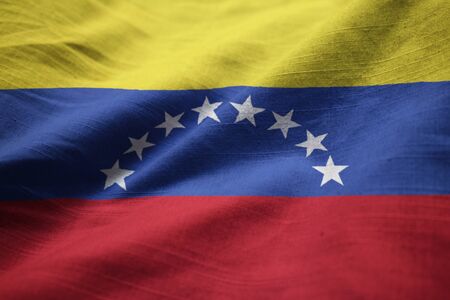 Closeup of Ruffled Venezuela Flag, Venezuela  Flag Blowing in Windの写真素材