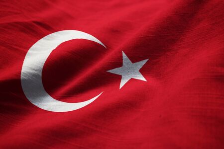Closeup of Ruffled Turkey Flag, Turkey Flag Blowing in Windの写真素材