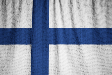 Closeup of Ruffled Finland Flag, Finland Flag Blowing in Windの写真素材