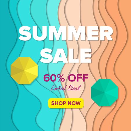 Summer sale banner template, aerial view of summer beach background with umbrellas, Promo badge for your seasonal design.のイラスト素材