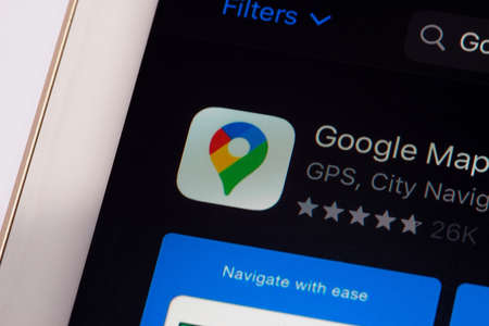 Lahore, Punjab, Pakistan - February 8, 2020, Google Map application icon on iPad Air 2 screen.のeditorial素材