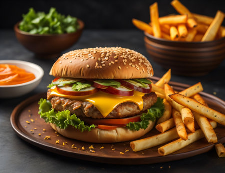 The fresh and delicious cheeseburger with fries on a dark black background.の素材