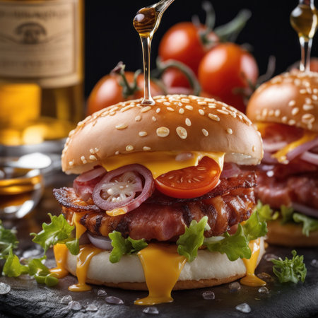The fresh and delicious cheesy double hamburger with fries on a table in the restaurant.の素材