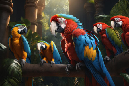 Colorful Scarlet Macaw parrot against jungle backgroundの素材