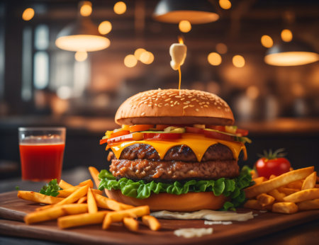 The fresh and delicious cheeseburger with fries on a table against blurred Restaurant background.の素材