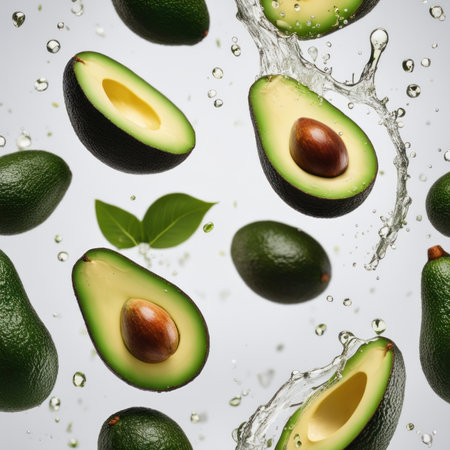 Avocado halves being splashed with waterの素材